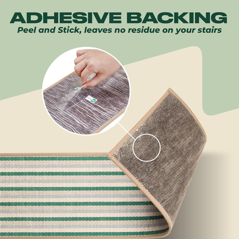 MBIGM 8" X 30" (15 in Pack) Non-Slip Carpet Stair Treads Non-Skid Safety Rug Slip Resistant Indoor Runner for Kids Elders & Pets with Reusable Adhesive - Soft Stripes - Serene Sage - Image 5